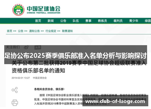 足协公布2025赛季俱乐部准入名单分析与影响探讨